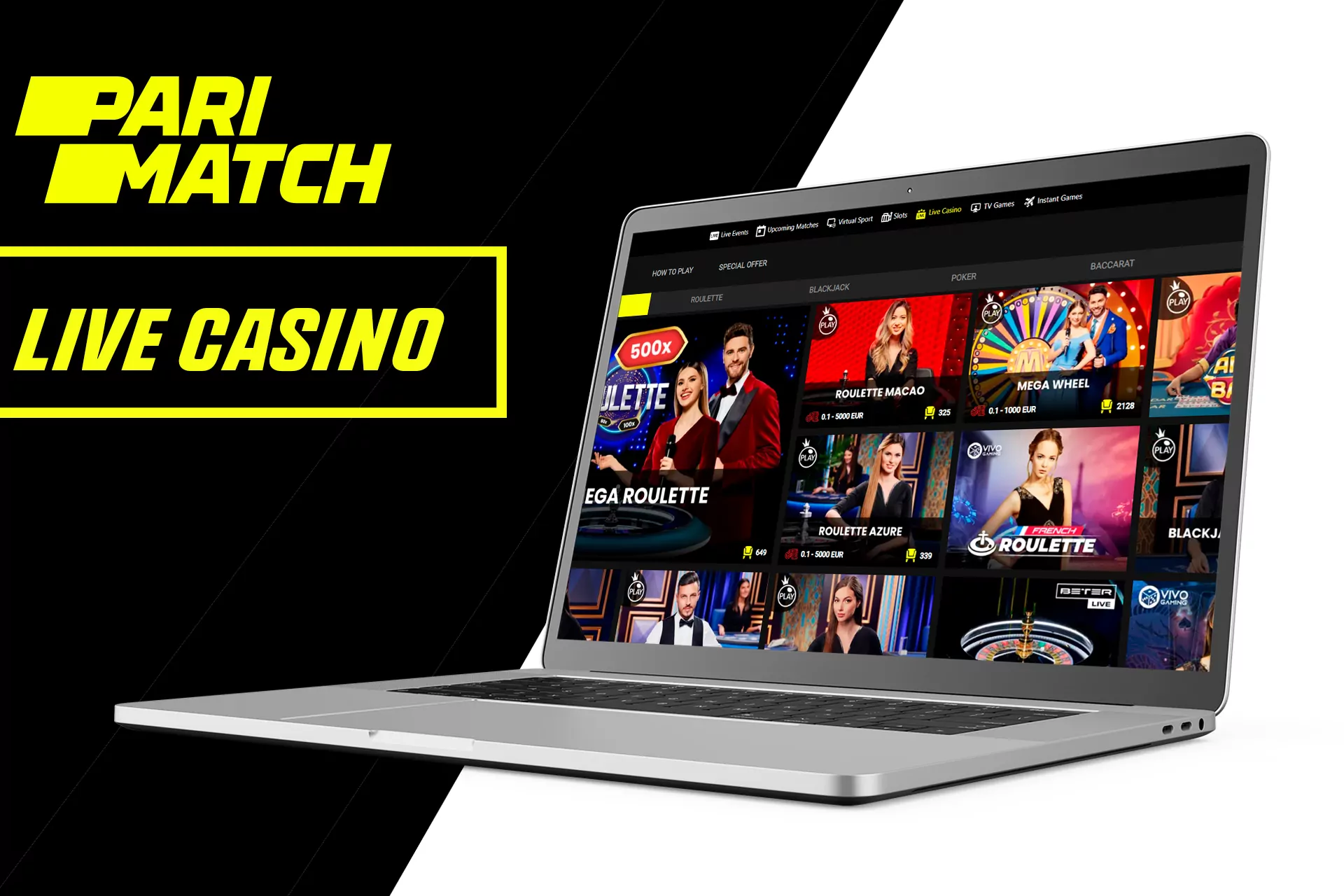 Play casino games against the real Parimatch dealers.