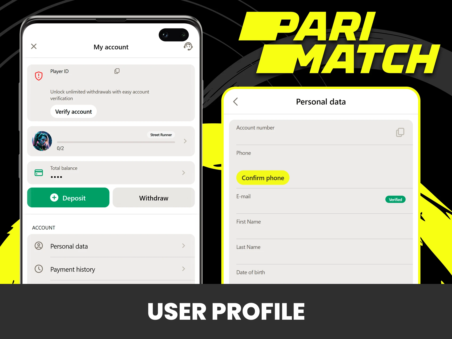 The Parimatch application has a personal profile.