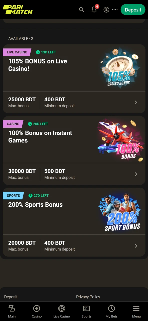 Visit the bonus section of the Parimatch application.