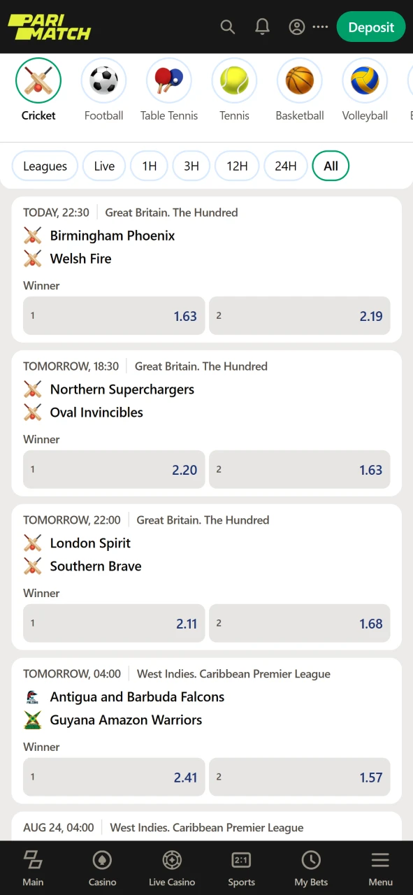 Visit the sports section of the Parimatch app.