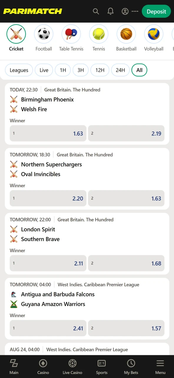 Visit the sports section of the Parimatch app.