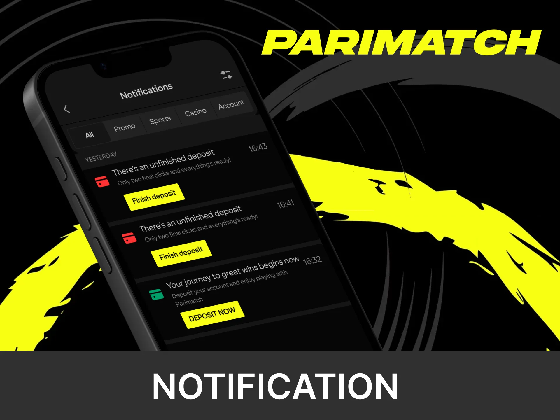 The Parimatch application always sends notifications about important events.